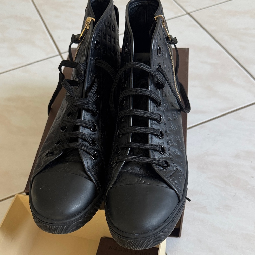 Louis Vuitton Black Monogram High-Top Sneakers with Gold Zipper - Picture 3 of 8